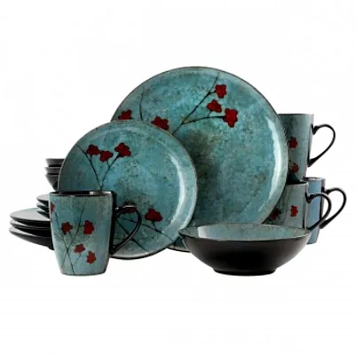 Elama Floral Accents 16 Piece Dinnerware Set in Blue