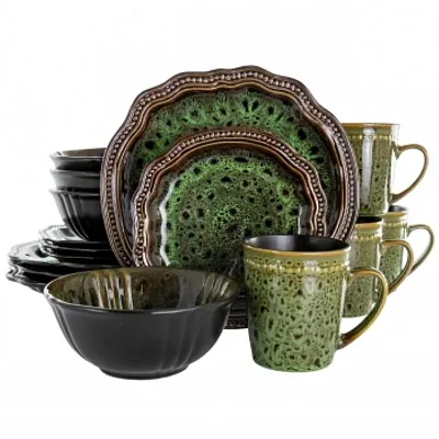 Elama Jade Waves 16 Piece Stoneware Dinnerware Set in Green