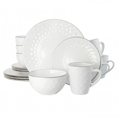 Elama's Luxurious Medici Pearl 16 Piece Dinnerware Set in Slate and Stone Pearl