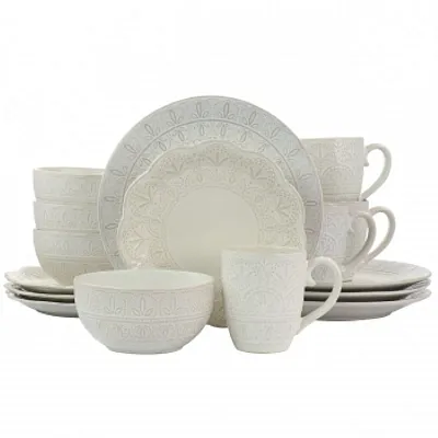 Elama White Lace 16 Piece Luxurious Stoneware Dinnerware with Complete Setting f