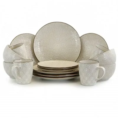 Elama White Lily 16 Piece Luxurious Stoneware Dinnerware with Complete Setting f