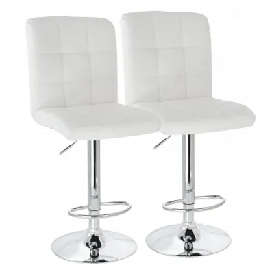 Elama 2 Piece Square Tufted Faux Leather Adjustable Bar Stool in White with Chro