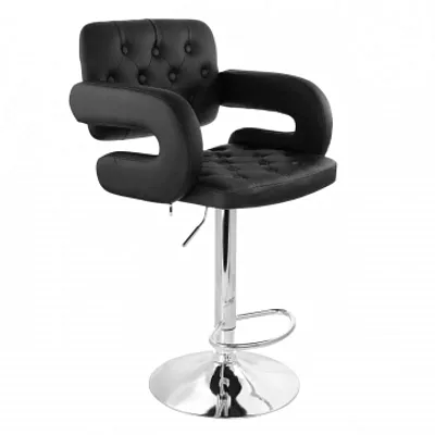 Elama Faux Leather Tufted Bar Stool in Black with Chrome Base and Adjustable Hei