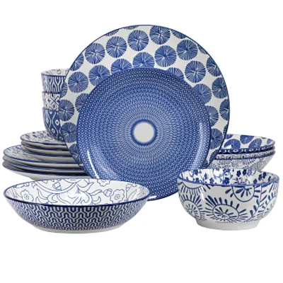Elama Aurora 16 Piece Assorted Porcelain Double Bowl Dinnerware Set in Blue