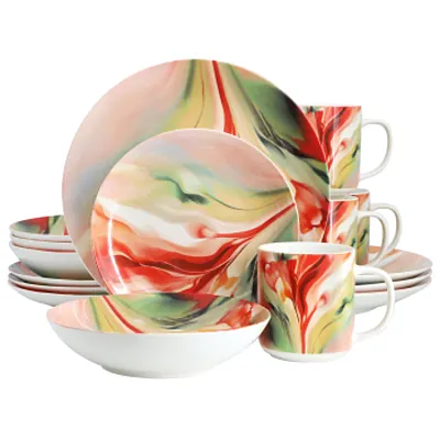 Elama Autumn Storm 16 Piece Abstract Design Round Porcelain Dinnerware Set in Mu