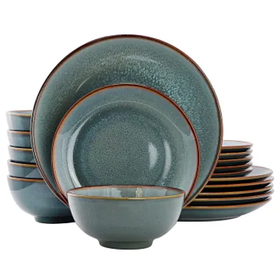 Elama Betty 18 Piece Stoneware Dinnerware Set in Blue with Brown Rim, Service fo