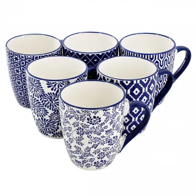 Elama Declan 6 Piece 12 Ounce Assorted Design Stoneware Mug Set in Blue and Whit