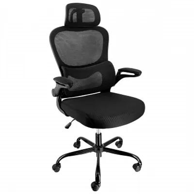 Elama High Back Adjustable Mesh and Fabric Office Chair in Black on Black with M