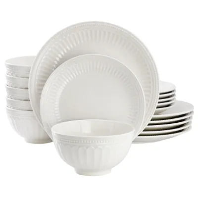 Elama Finley 18 Piece Embossed Arch Stoneware Dinnerware Set in White