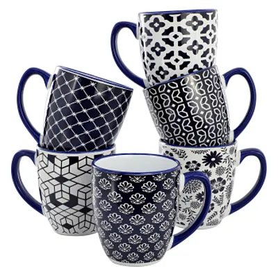 Elama Flyn 6 Piece 16 Ounce Assorted Design Stoneware Mug Set in Navy Blue and W