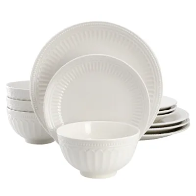 Elama Gabriella 12 Piece Embossed Arch Stoneware Dinnerware Set in White