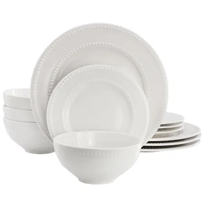 Elama Genevieve 12 Piece Embossed Dot Stoneware Dinnerware Set in White