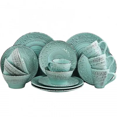 Elama Malibu Waves 16-Piece Dinnerware Set in Turquoise