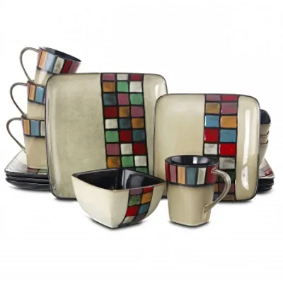 Elama Color Melange 16 Piece Stoneware Dinnerware Set with Compl