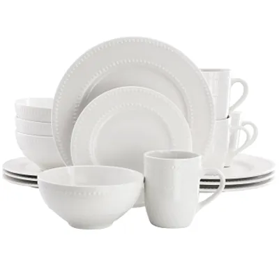 Elama Olevia 16 Piece Embossed Dot Stoneware Dinnerware Set in White