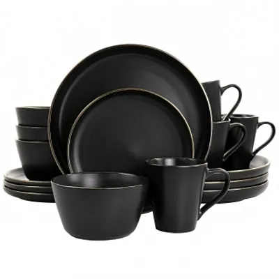 Elama Paul 16 Piece Stoneware Dinnerware Set in Matte Black with Gold Rim