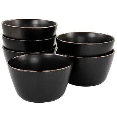 Elama Paul 6 Piece Stoneware Bowl Set in Matte Black with Gold Rim