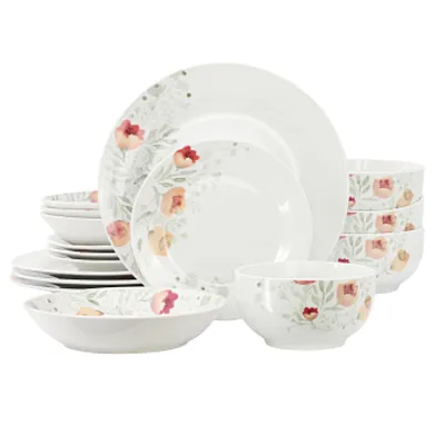Elama Poppy 16 Piece Porcelain Double Bowl Dinnerware Set, Service for 4