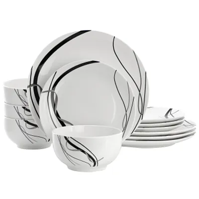 Elama Sarah 12 Piece Porcelain Black Ribbon Dinnerware Set, Service for 4 in Whi