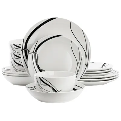 Elama Sarah 16 Piece Porcelain Black Ribbon Double Bowl Dinnerware Set, Service