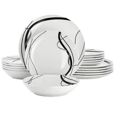 Elama Sarah 18 Piece Porcelain Black Ribbon Dinnerware Set, Service for 6 in Whi