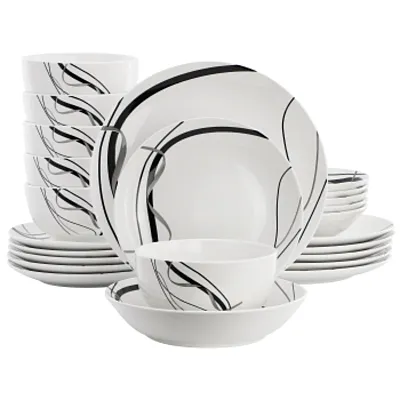 Elama Sarah 24 Piece Porcelain Black Ribbon Double Bowl Dinnerware Set, Service