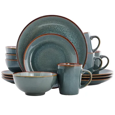 Elama Slate 16 Piece Stoneware Dinnerware Set in Blue with Brown Rim, Service fo