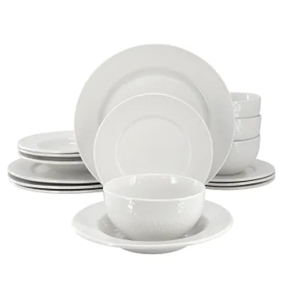 Elama Soyer 16 Piece Textured Design Double Bowl Porcelain Dinnerware Set in Whi