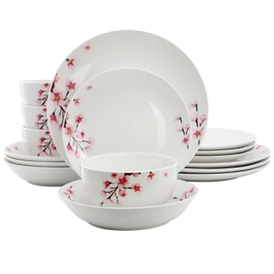 Elama Tamara 16 Piece Cherry Blossom Porcelain Double Bowl Dinnerware Set, Servi