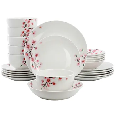 Elama Tamara 24 Piece Cherry Blossom Porcelain Double Bowl Dinnerware Set, Servi