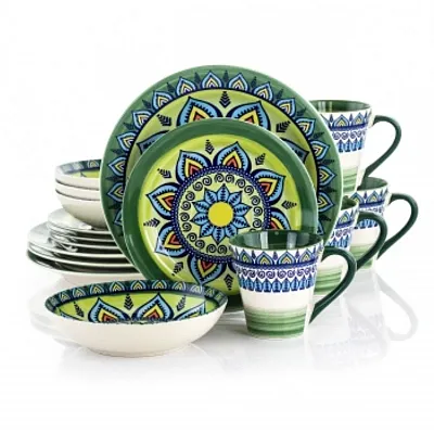 Elama Zen Green Mozaik 16 Piece Luxurious Stoneware Dinnerware with Complete Set