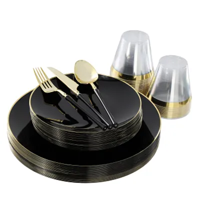 Elama 150 Piece Disposable Plastic Dinnerware Party Set for 25 Guests in Black w