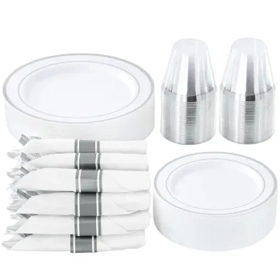 Elama 350 Piece Disposable Plastic Dinnerware Party Set for 50 Guests in White w