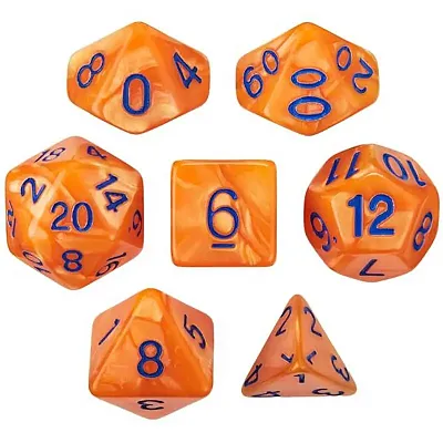 Set of 7 Dice - Kingfisher - Pearlized Orange with Blue Paint GDIC-1178