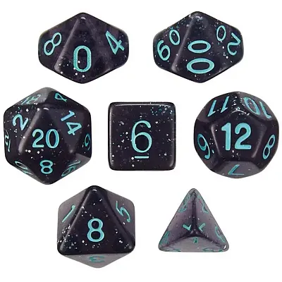 Set of 7 Dice - Midnight Runes - Transparent Gray with Green Glitter and Paint G