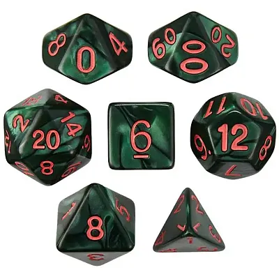 Set of 7 Dice - Cinderbloom - Pearlized Green with Red Paint GDIC-1185