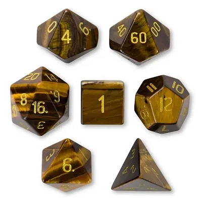 Set of 7 Handmade Stone Polyhedral Dice, Tiger&#039;s Eye GDIC-1908