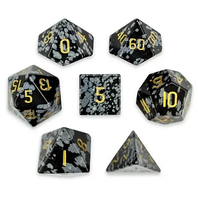 Set of 7 Handmade Stone Polyhedral Dice, Snowflake Obsidian GDIC