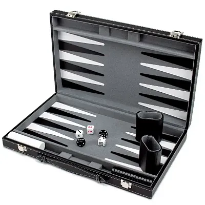 15in Backgammon Set with Stitched Black Leatherette Case GGAM-20