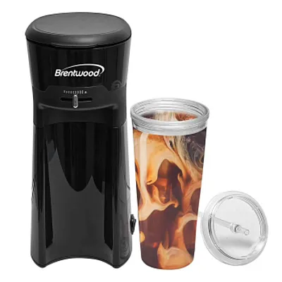 Brentwood Single Serve Iced Coffee Tea Maker in Black with 20 Ounce Insulated Tu
