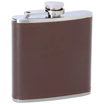 Maxam 6oz Stainless Steel Flask with Brown Genuine Leather Wrap-KTFLKLBR
