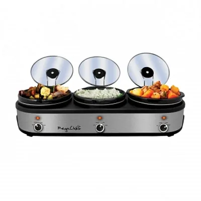 MegaChef Triple 2.5 Quart Slow Cooker and Buffet Server in Brushed Silver and Bl