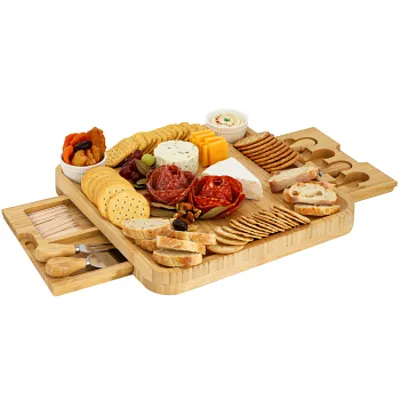 MegaChef Bamboo Charcuterie Cheese Board Set with Ramekins and Slide Out Cutlery