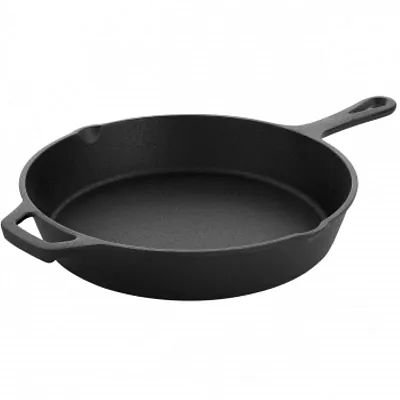 MegaChef 10 Inch Round Preseasoned Cast Iron Frying Pan with Handle in Black