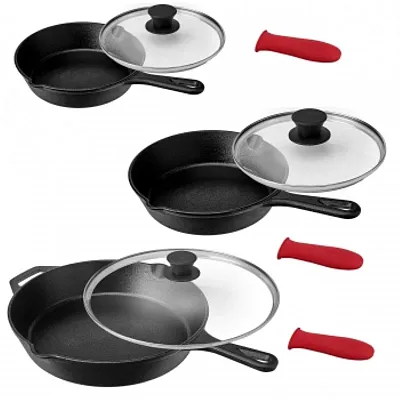 MegaChef Pre-Seasoned 9 Piece Cast Iron Skillet Set with Lids and Red Silicone H