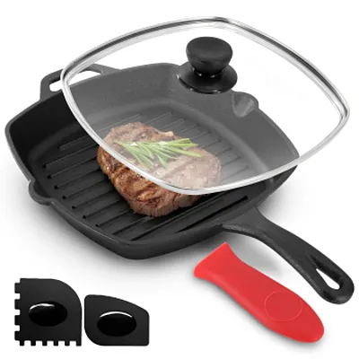 MegaChef 10.4 Inch Pre-Seasoned Cast Iron Griddle with Tempered Glass Lid