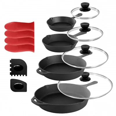 MegaChef 13 Piece Cast Iron Skillet Set with Tempered Glass Lids and Silicone Ho