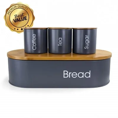 MegaChef Bamboo Kitchen Countertop 4 Piece Metal Bread Basket and Canister Set i