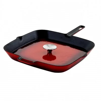 MegaChef 14 Inch Square Enamel Cast Iron Grill Pan with Matching Grill Press in