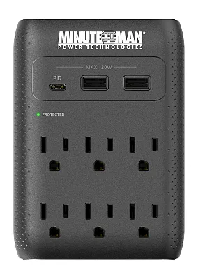 MINUTEMAN UPS MMS-WAL6U3 Surge Wall Tap, 2160J, Usb Charger